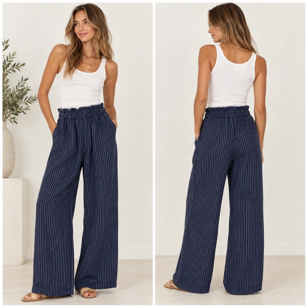 Aerie Pinstripe Wide Leg Pants Womens Size S Navy Blue Casual Beachy Lagenlook